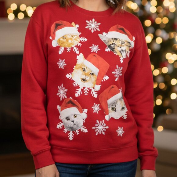 Christmas Cats in Hats Red Sweatshirt 5th Sun XL unisex - Picture 4 of 16